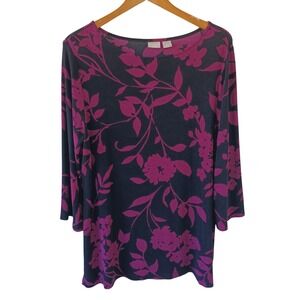 Chicos Travelers Floral Boat Neck Top 3/4 Sleeve Magenta Black Size 2 US 12/14